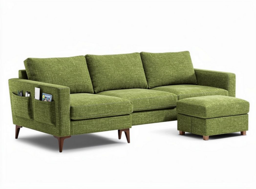 Green fabric sectional sofa with storage pockets and matching ottoman 220 x 90 x 85cm