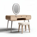 Wooden vanity table and stool set with round mirror 90 x 40 x 75cm