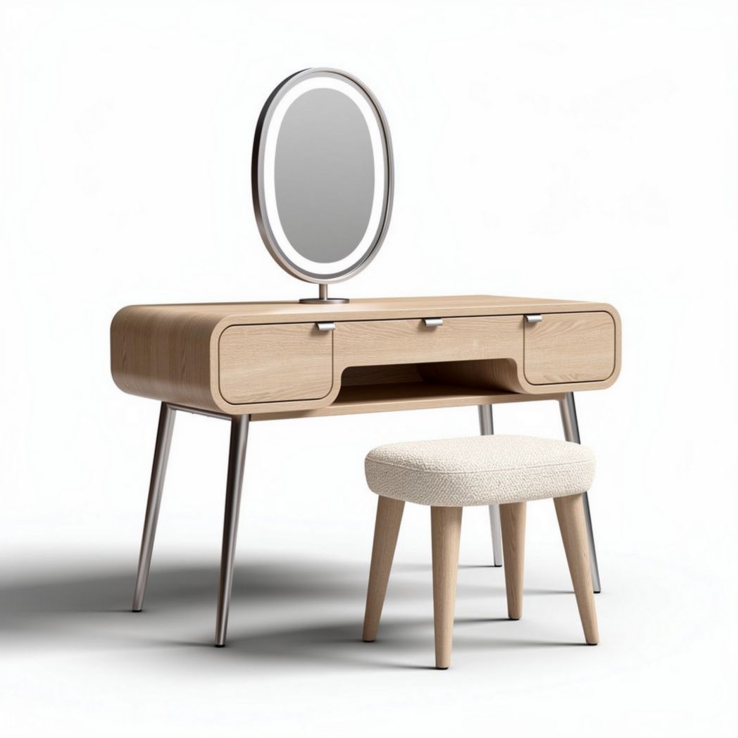 Wooden vanity table and stool set with round mirror 90 x 40 x 75cm