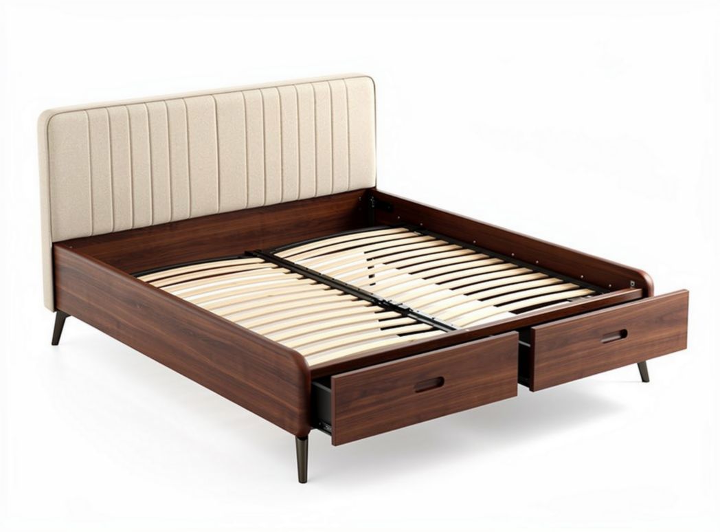 Wooden platform bed frame with upholstered headboard and storage drawers 200 x 160 x 100cm
