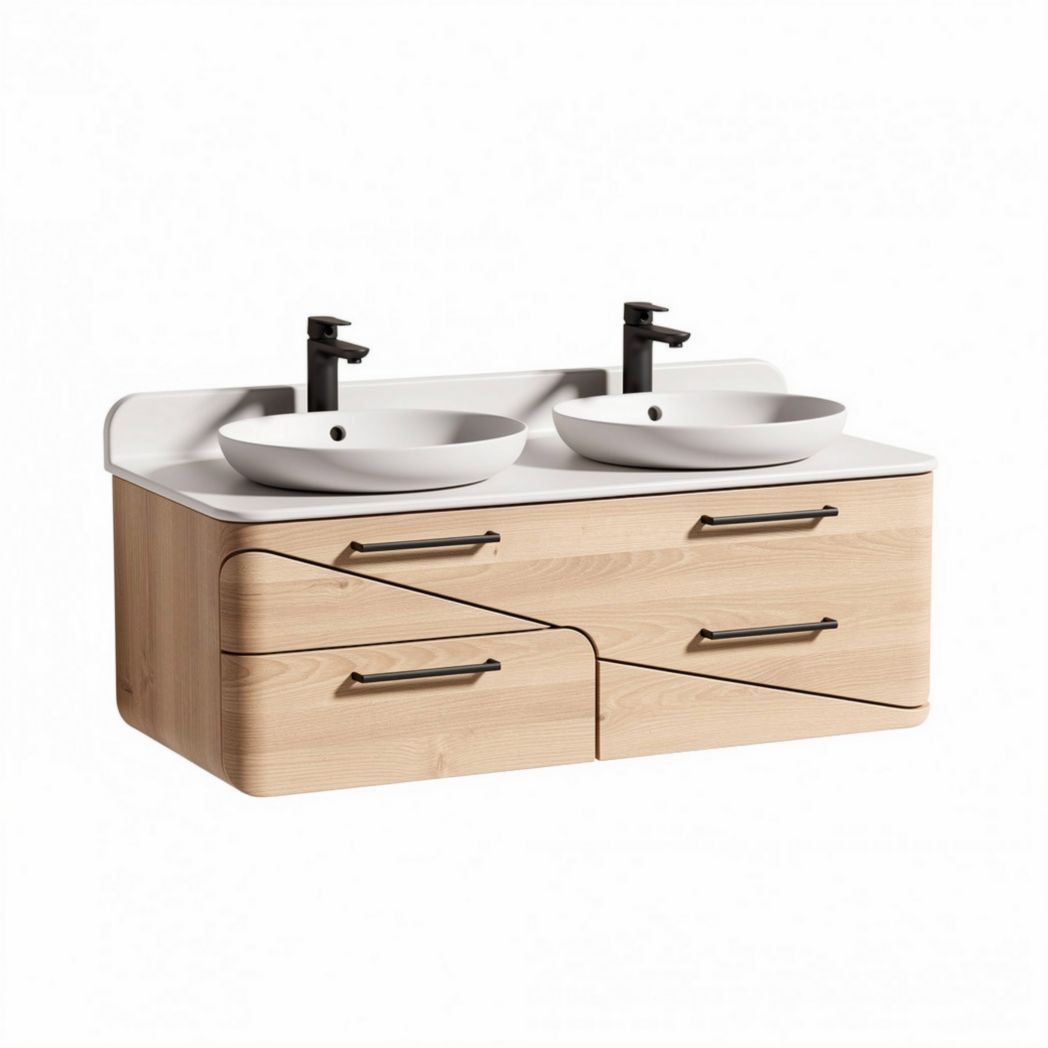 Double sink bathroom vanity with wood finish and ceramic basins 120 x 50 x 45cm
