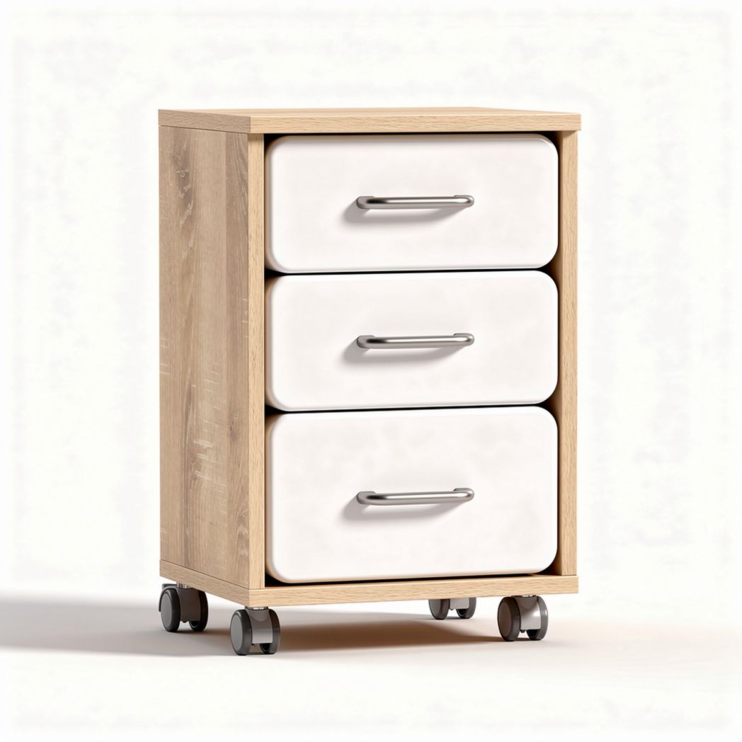 Mobile wooden nightstand with three drawers and white fronts 40 x 40 x 60cm
