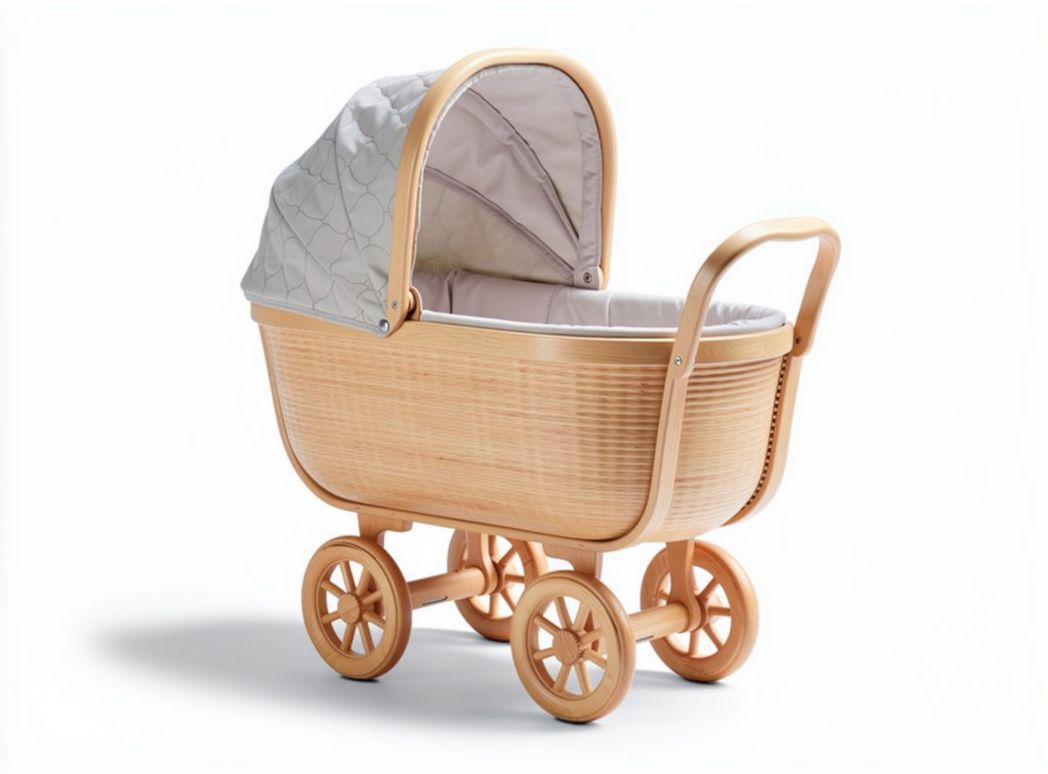 Natural wood doll stroller with adjustable canopy and fabric lining 75 x 40 x 50cm