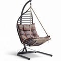 Hanging chair with cushion in gray and orange for indoor or outdoor use