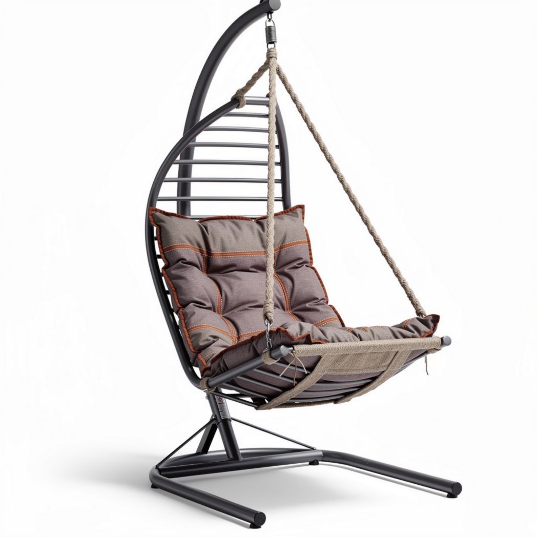 Hanging chair with cushion in gray and orange for indoor or outdoor use
