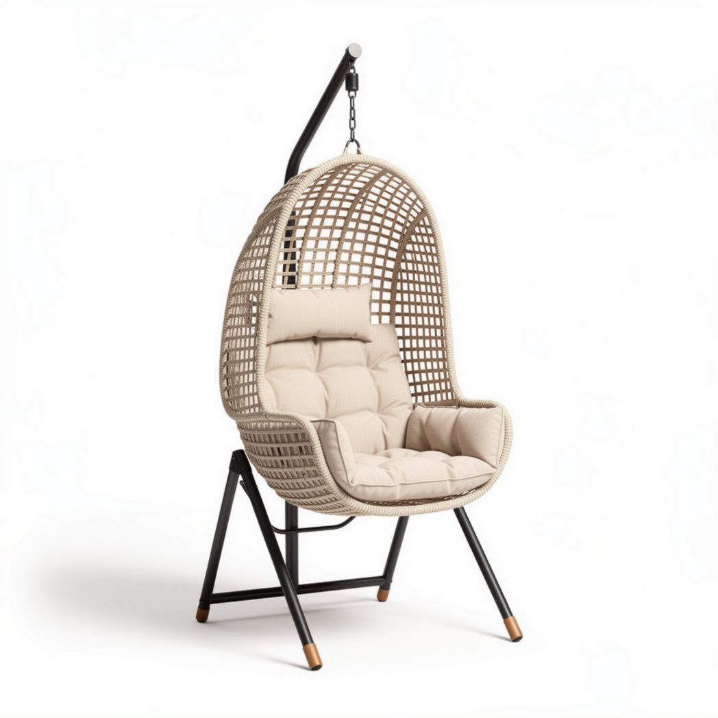 Hanging egg chair with cushion and metal frame for indoor outdoor use