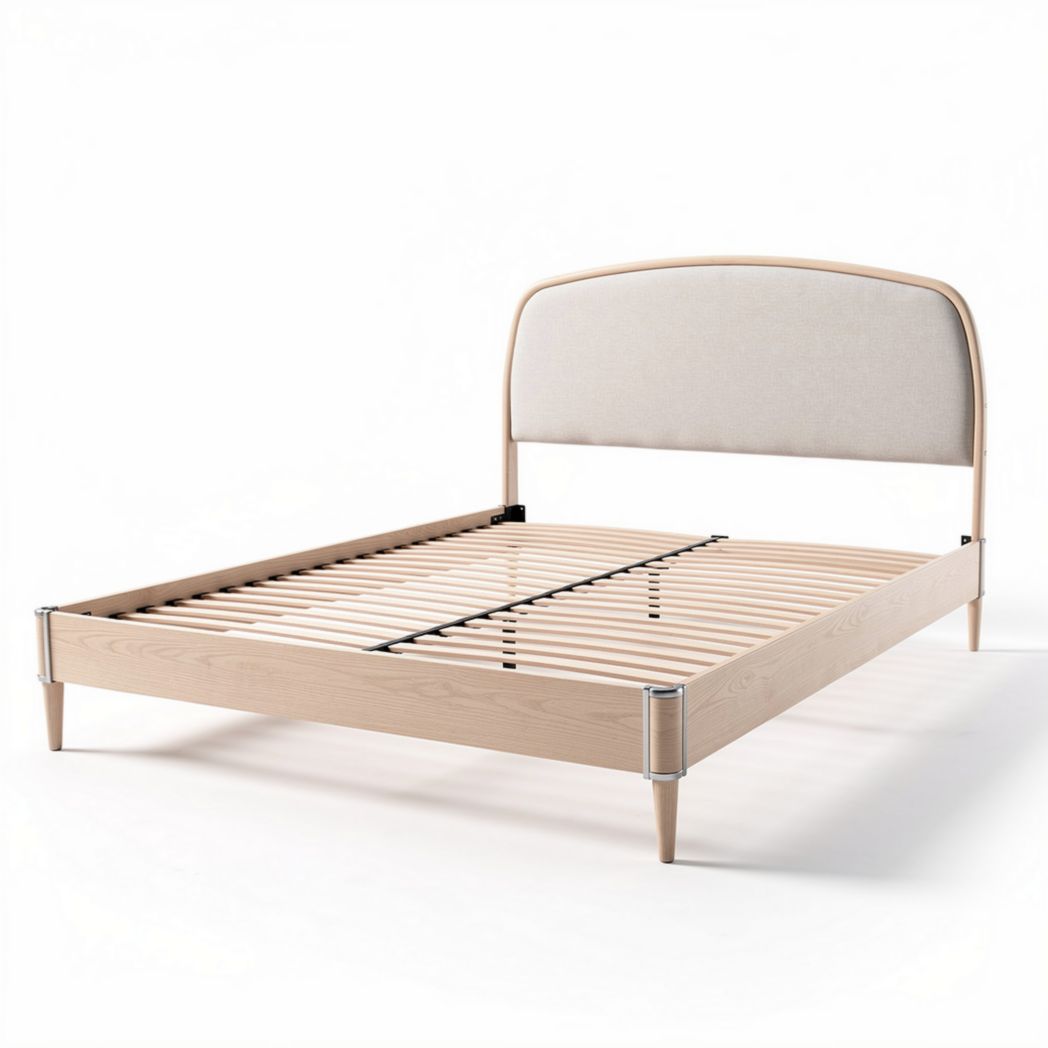 Wooden bed frame with upholstered headboard in light beige 200 x 160 x 100cm