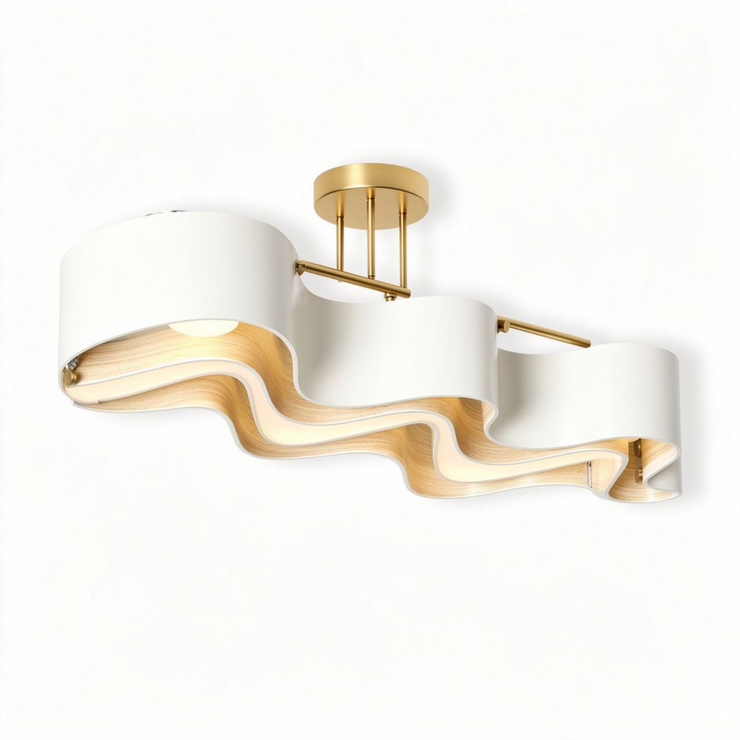 White and wood wave design ceiling light fixture with gold accents 60 x 20 x 10cm